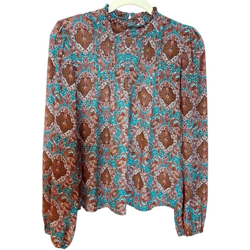 Joie High Neck Pleated Keyhole Balloon Sleeve Paisley Print Blouse Teal Small